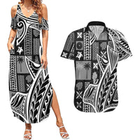 Samoa Tapa Couples Matching Summer Maxi Dress and Hawaiian Shirt Siapo Mix Tatau Patterns - Black LT7 Black - Polynesian Pride