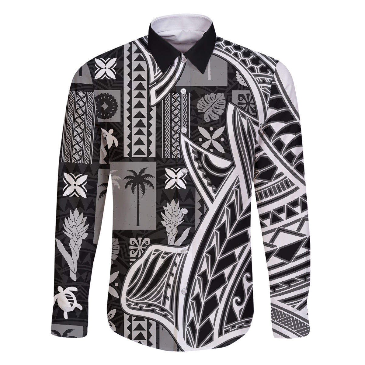 Samoa Tapa Family Matching Mermaid Dress and Hawaiian Shirt Siapo Mix Tatau Patterns - Black LT7 Dad's Shirt - Long Sleeve Black - Polynesian Pride