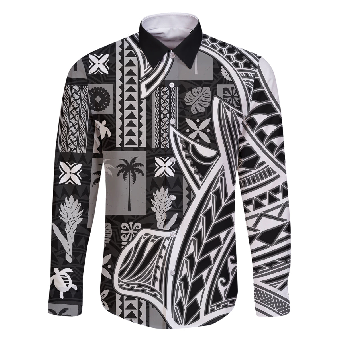 Samoa Tapa Family Matching Puletasi Dress and Hawaiian Shirt Siapo Mix Tatau Patterns - Black LT7 Dad's Shirt - Long Sleeve Black - Polynesian Pride