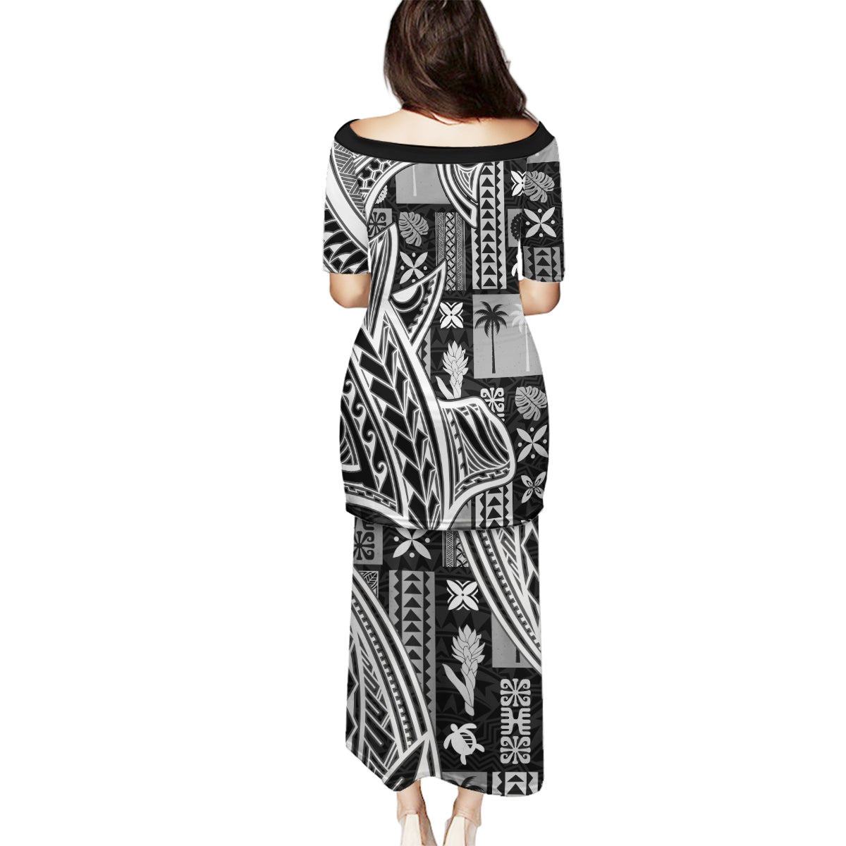 Samoa Tapa Family Matching Puletasi Dress and Hawaiian Shirt Siapo Mix Tatau Patterns - Black LT7 - Polynesian Pride