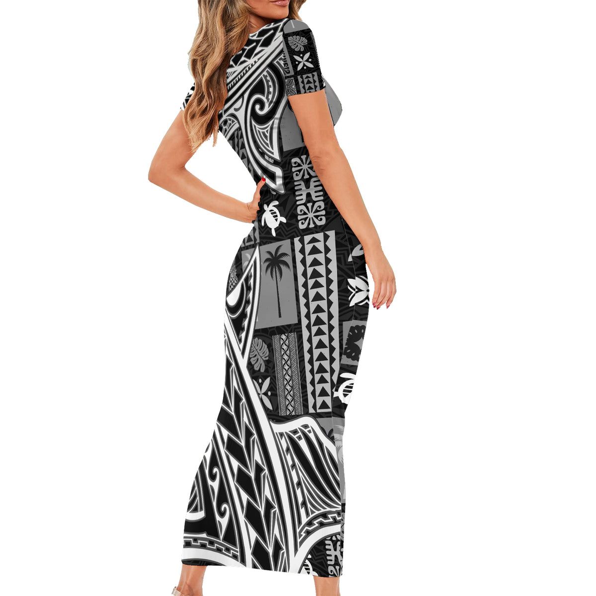 Samoa Tapa Family Matching Short Sleeve Bodycon Dress and Hawaiian Shirt Siapo Mix Tatau Patterns - Black LT7 - Polynesian Pride