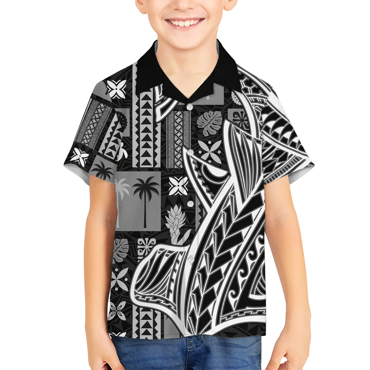 Samoa Tapa Family Matching Short Sleeve Bodycon Dress and Hawaiian Shirt Siapo Mix Tatau Patterns - Black LT7 Son's Shirt Black - Polynesian Pride