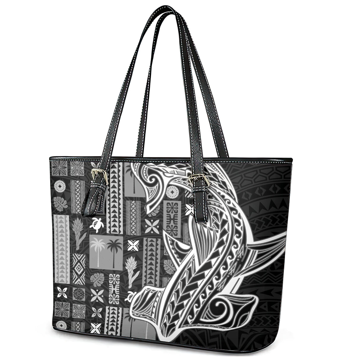 Samoa Tapa Leather Tote Bag Siapo Mix Tatau Patterns - Black LT7 - Polynesian Pride