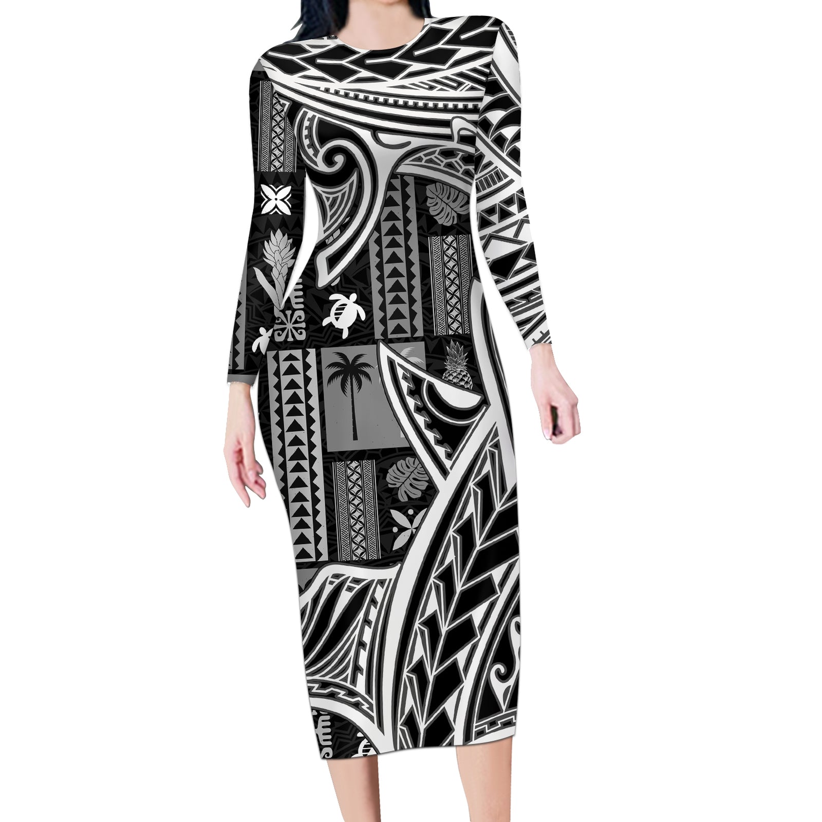 Samoa Tapa Long Sleeve Bodycon Dress Siapo Mix Tatau Patterns - Black LT7 Long Dress Black - Polynesian Pride