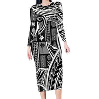 Samoa Tapa Long Sleeve Bodycon Dress Siapo Mix Tatau Patterns - Black LT7 Long Dress Black - Polynesian Pride