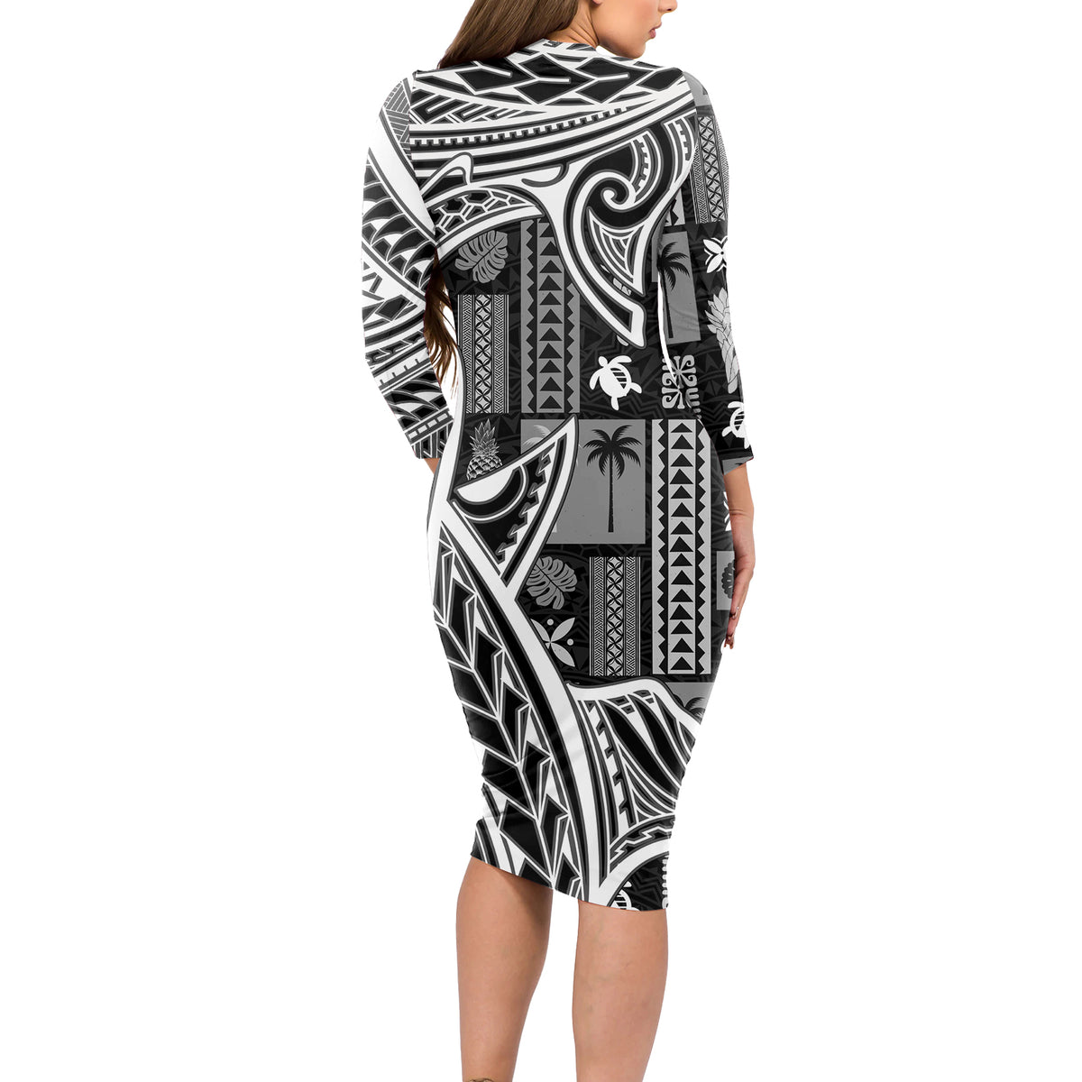 Samoa Tapa Long Sleeve Bodycon Dress Siapo Mix Tatau Patterns - Black LT7 - Polynesian Pride