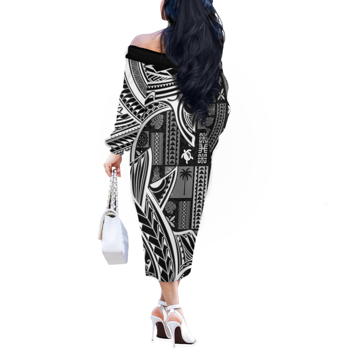 Samoa Tapa Off The Shoulder Long Sleeve Dress Siapo Mix Tatau Patterns - Black LT7 - Polynesian Pride