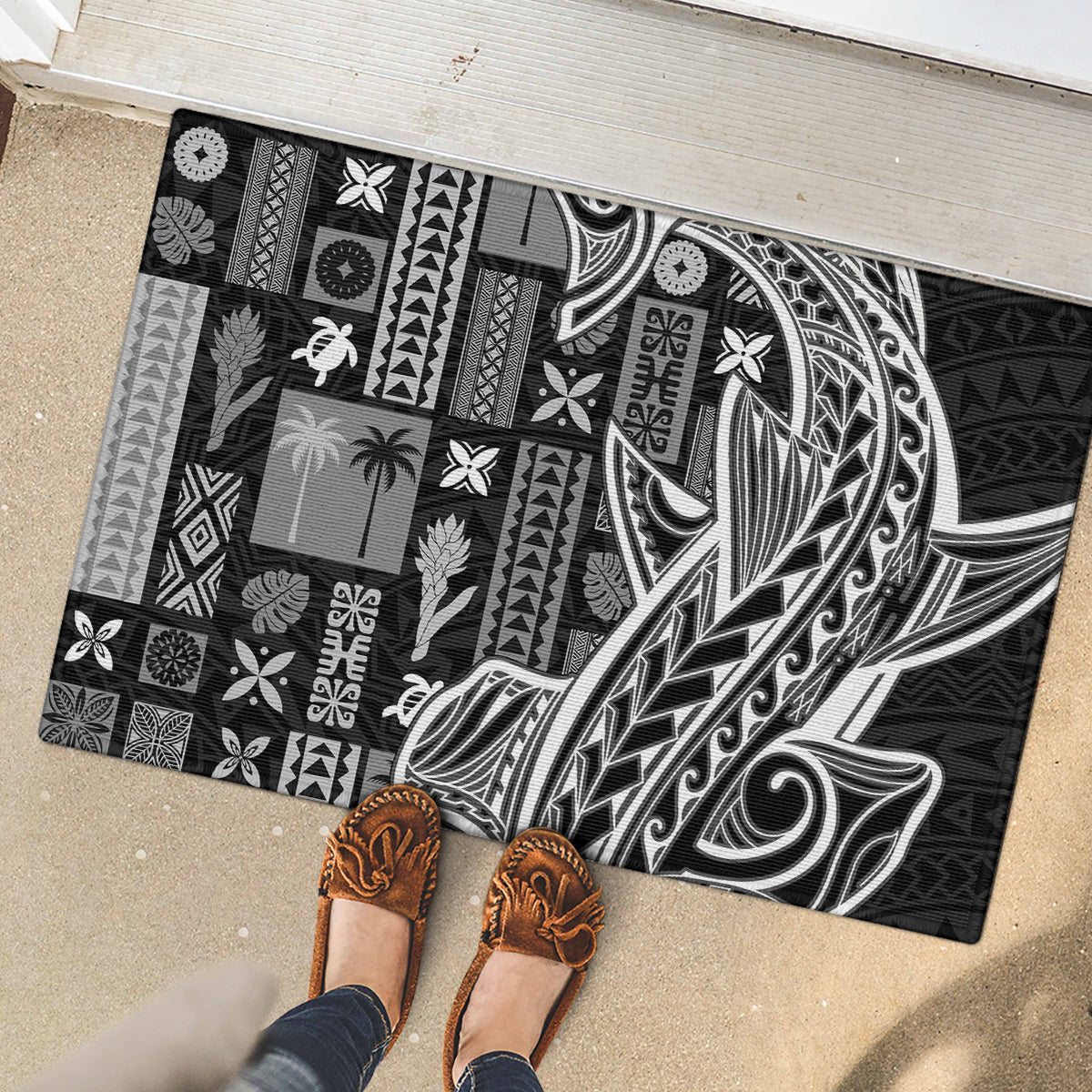 Samoa Tapa Rubber Doormat Siapo Mix Tatau Patterns - Black LT7 - Polynesian Pride