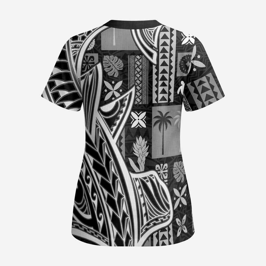 Samoa Tapa Scrub Top Siapo Mix Tatau Patterns - Black LT7 - Polynesian Pride