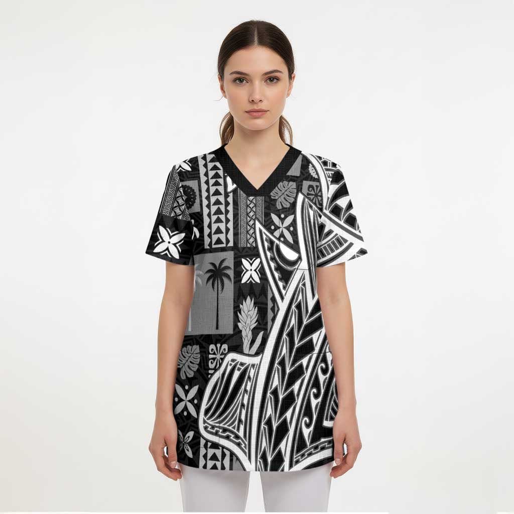 Samoa Tapa Scrub Top Siapo Mix Tatau Patterns - Black LT7 - Polynesian Pride