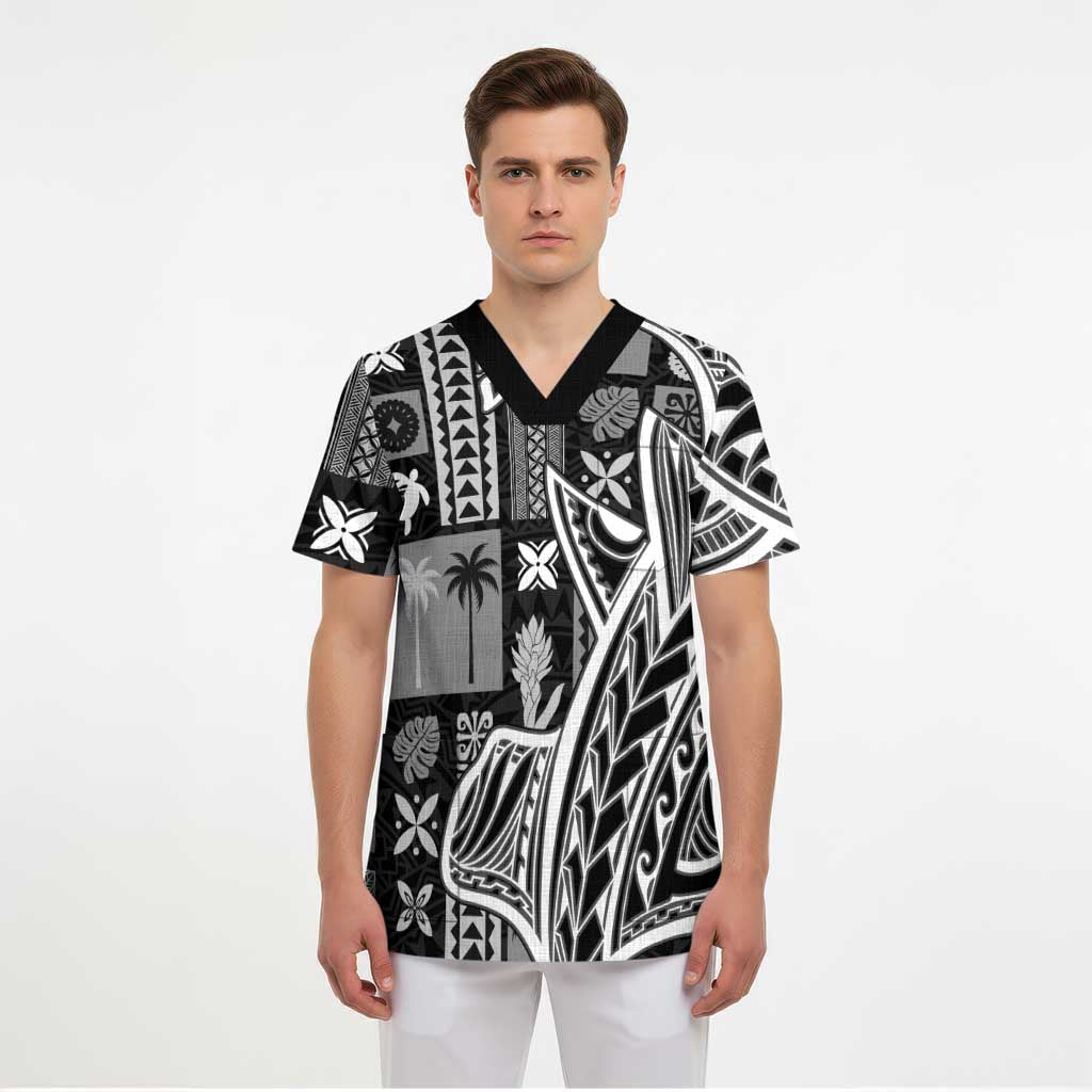 Samoa Tapa Scrub Top Siapo Mix Tatau Patterns - Black LT7 - Polynesian Pride