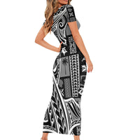 Samoa Tapa Short Sleeve Bodycon Dress Siapo Mix Tatau Patterns - Black LT7 - Polynesian Pride