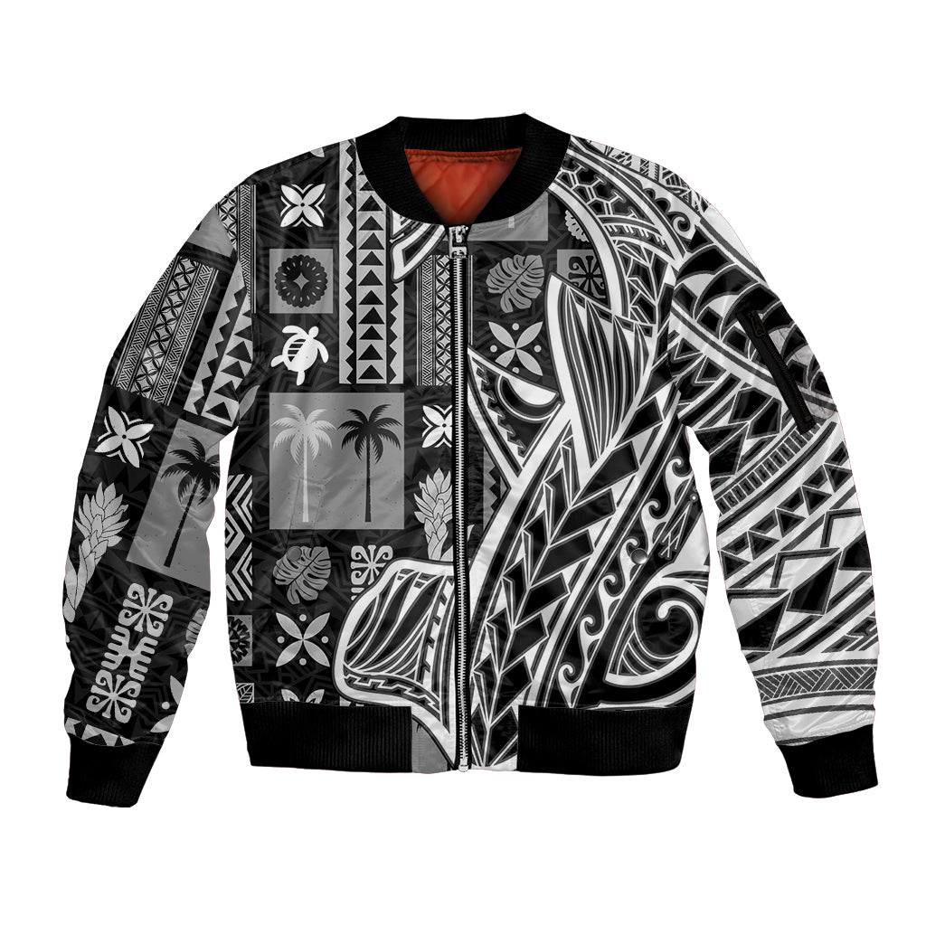 Samoa Tapa Sleeve Zip Bomber Jacket Siapo Mix Tatau Patterns - Black LT7 Unisex Black - Polynesian Pride