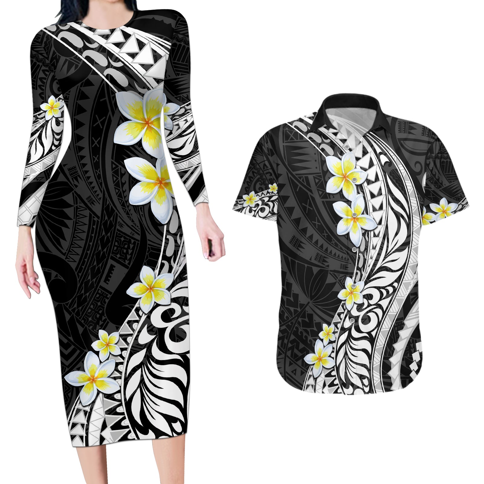 Hawaii Aloha Couples Matching Long Sleeve Bodycon Dress and Hawaiian Shirt Plumeria Vintage - Black LT7 Black - Polynesian Pride