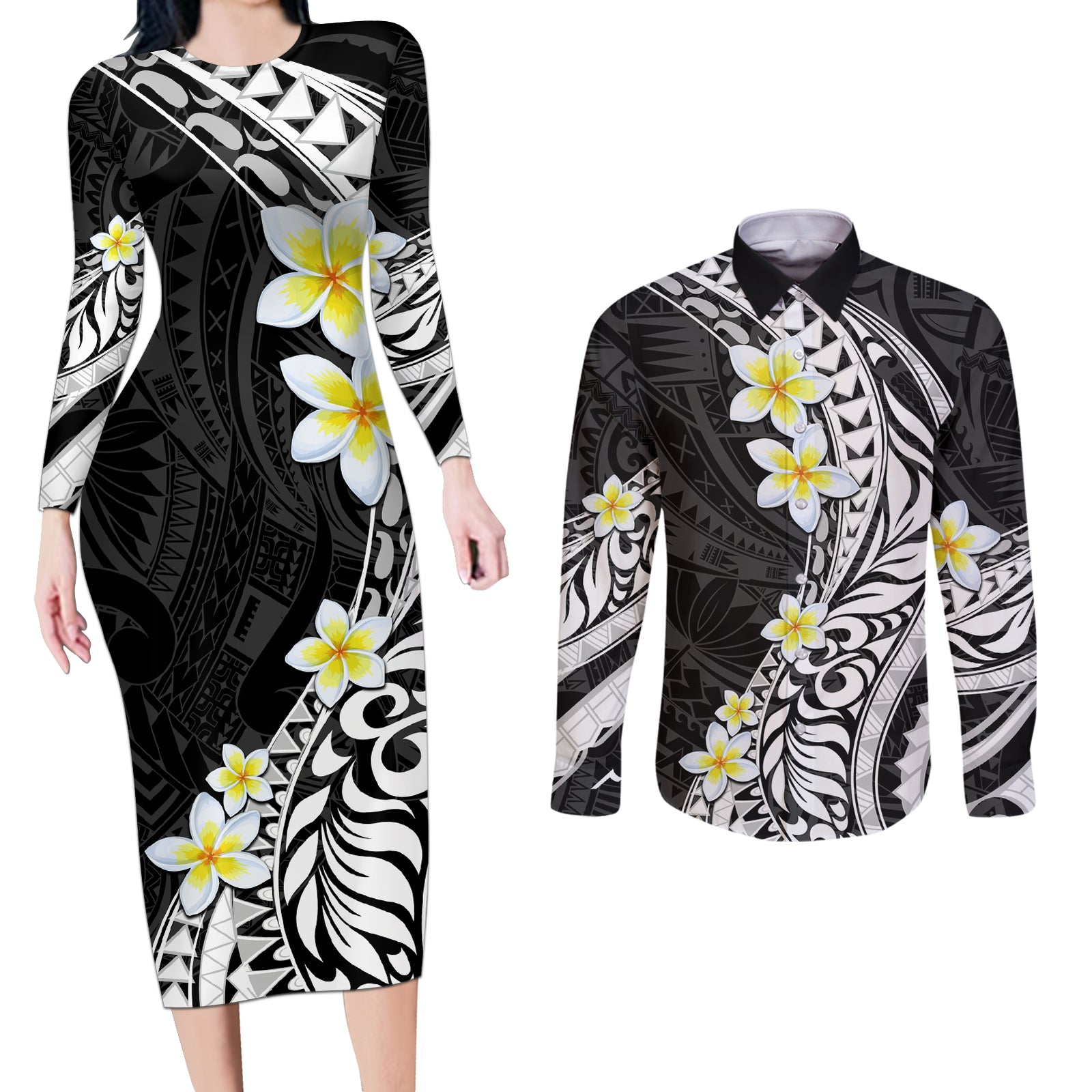 Hawaii Aloha Couples Matching Long Sleeve Bodycon Dress and Long Sleeve Button Shirt Plumeria Vintage - Black LT7 Black - Polynesian Pride