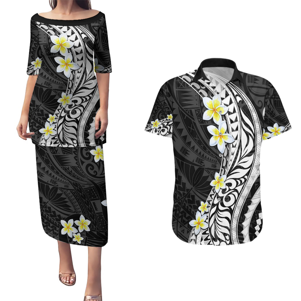 Hawaii Aloha Couples Matching Puletasi Dress and Hawaiian Shirt Plumeria Vintage - Black LT7 Black - Polynesian Pride