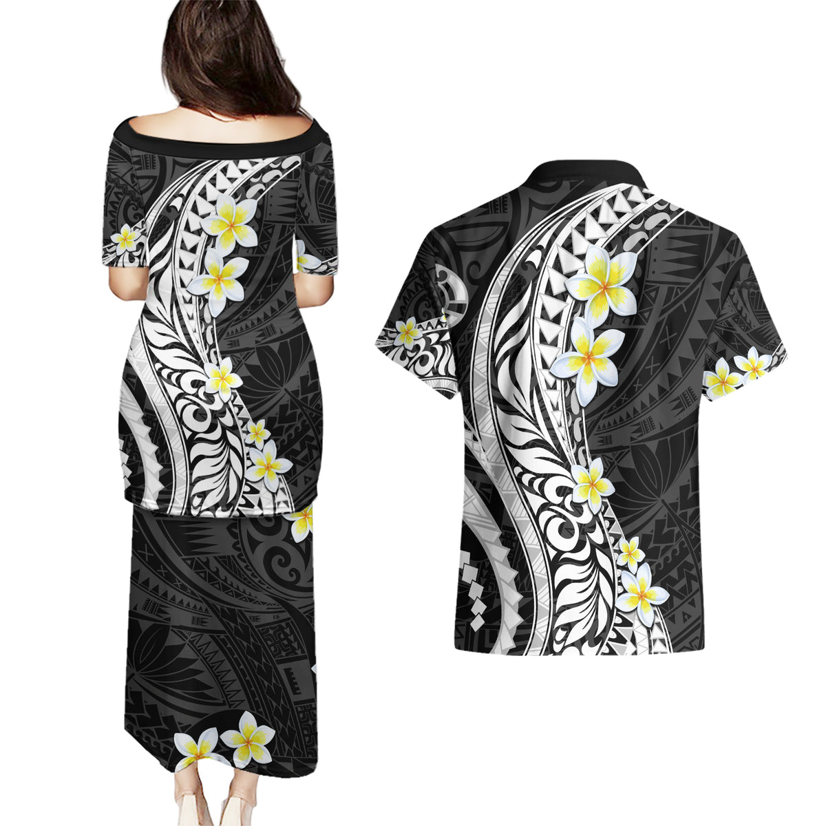 Hawaii Aloha Couples Matching Puletasi Dress and Hawaiian Shirt Plumeria Vintage - Black LT7 - Polynesian Pride