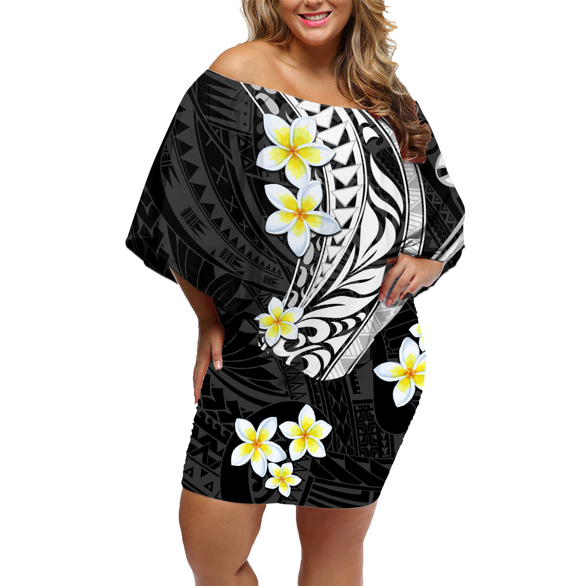 Hawaii Aloha Family Matching Off Shoulder Short Dress and Hawaiian Shirt Plumeria Vintage - Black LT7 Mom's Dress Black - Polynesian Pride