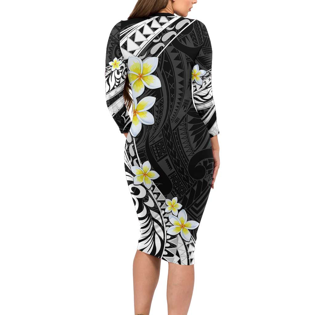 Hawaii Aloha Long Sleeve Bodycon Dress Plumeria Vintage - Black LT7