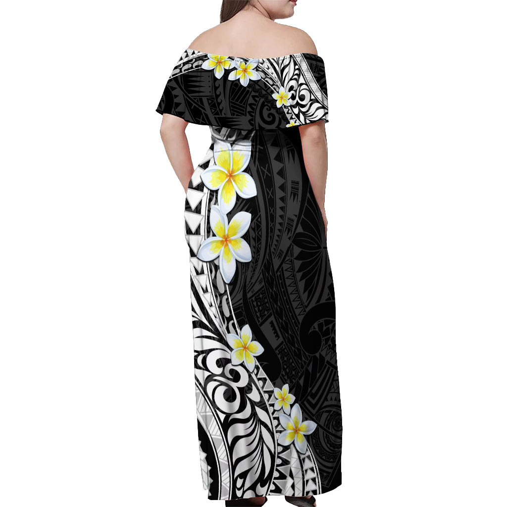 Hawaii Aloha Off Shoulder Maxi Dress Plumeria Vintage - Black LT7 - Polynesian Pride