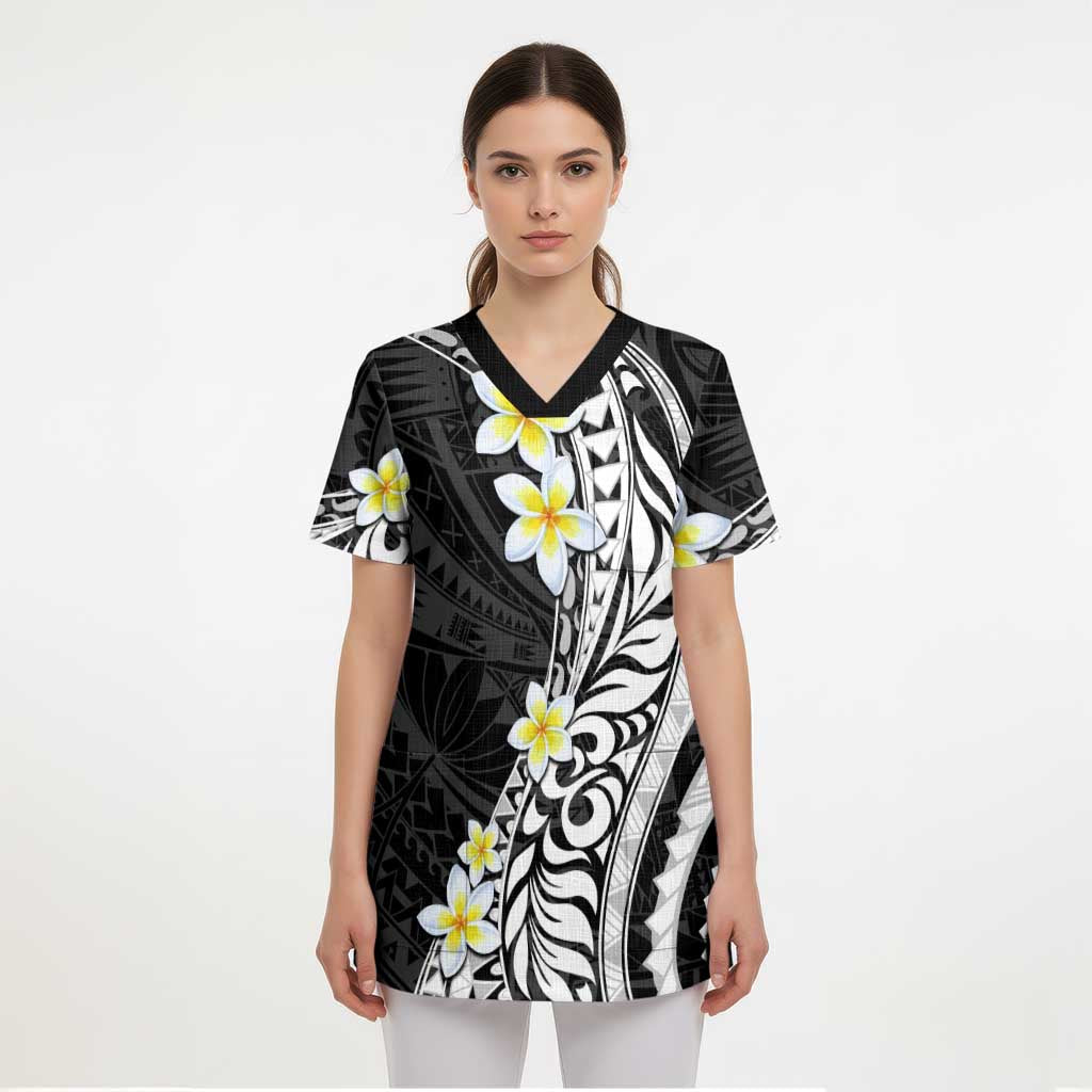 Hawaii Aloha Scrub Top Plumeria Vintage - Black - Polynesian Pride