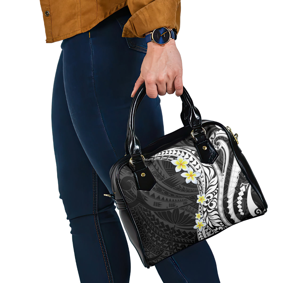 Hawaii Aloha Shoulder Handbag Plumeria Vintage - Black LT7 - Polynesian Pride