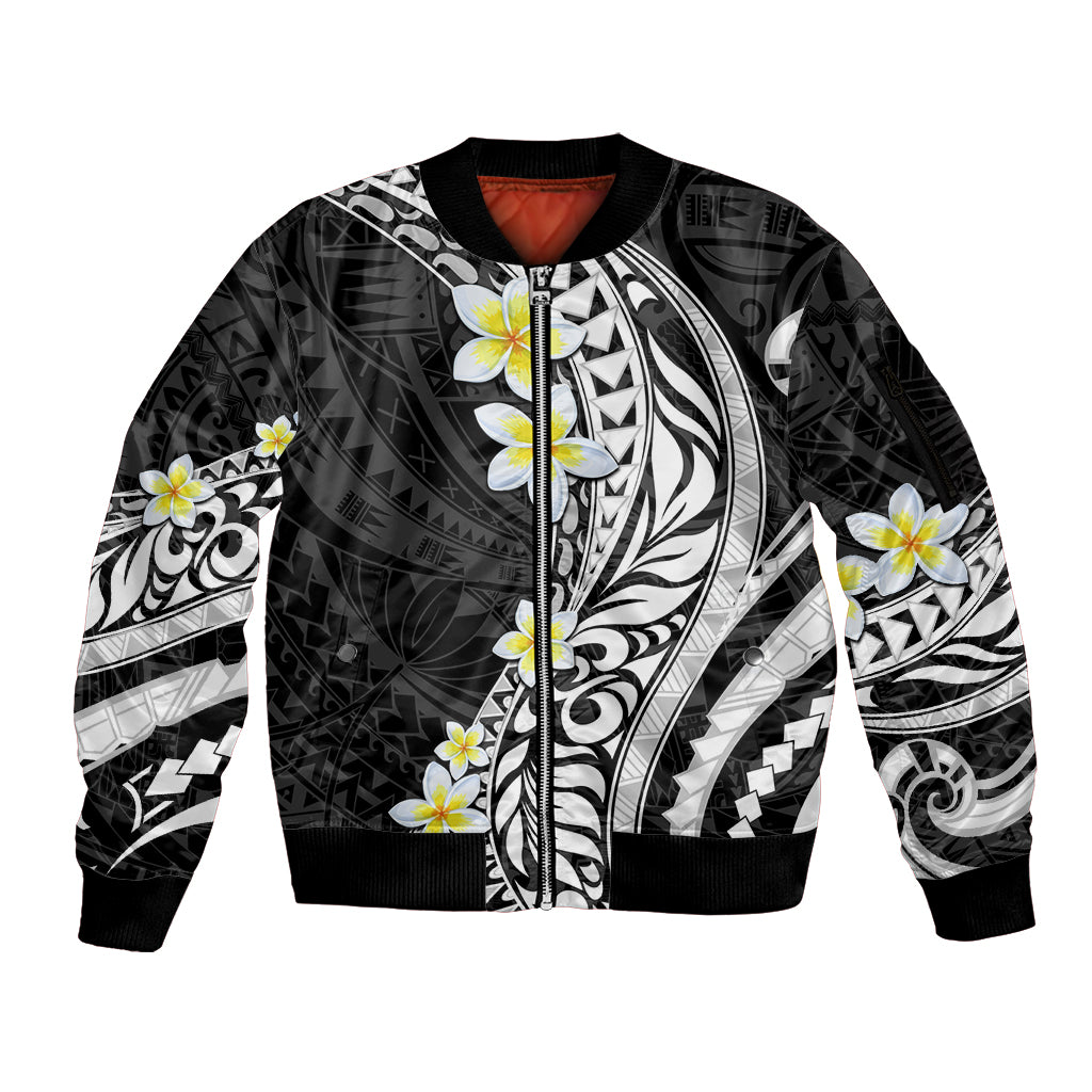 Hawaii Aloha Sleeve Zip Bomber Jacket Plumeria Vintage - Black LT7 Unisex Black - Polynesian Pride