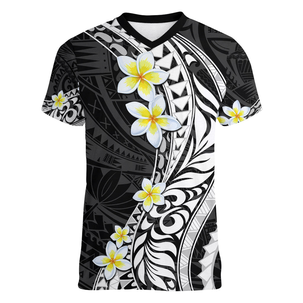 Hawaii Aloha Women V Neck T Shirt Plumeria Vintage - Black LT7 Female Black - Polynesian Pride