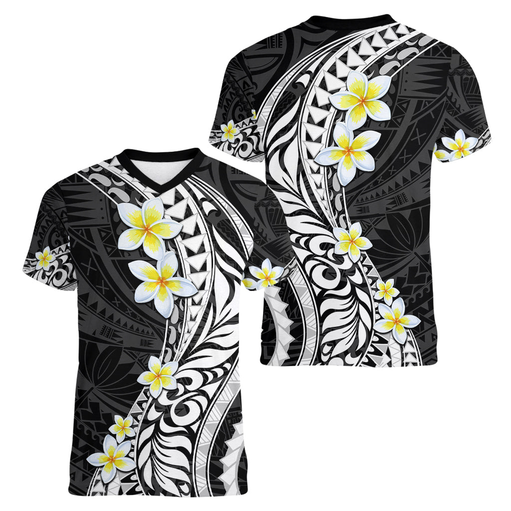 Hawaii Aloha Women V Neck T Shirt Plumeria Vintage - Black LT7 - Polynesian Pride