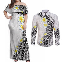 Hawaii Aloha Couples Matching Off Shoulder Maxi Dress and Long Sleeve Button Shirt Plumeria Vintage - White LT7 White - Polynesian Pride
