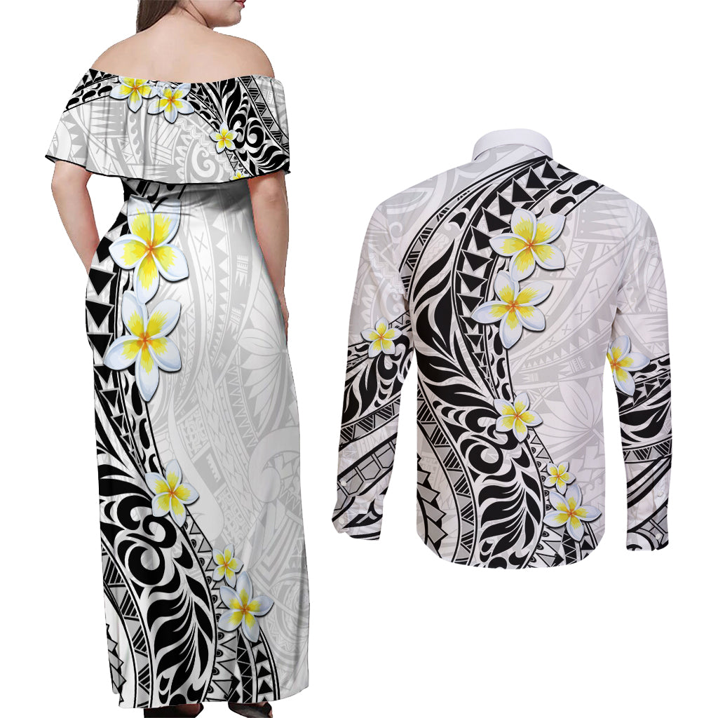 Hawaii Aloha Couples Matching Off Shoulder Maxi Dress and Long Sleeve Button Shirt Plumeria Vintage - White LT7 - Polynesian Pride