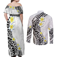 Hawaii Aloha Couples Matching Off Shoulder Maxi Dress and Long Sleeve Button Shirt Plumeria Vintage - White LT7 - Polynesian Pride