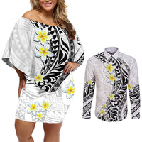 Hawaii Aloha Couples Matching Off Shoulder Short Dress and Long Sleeve Button Shirt Plumeria Vintage - White LT7 White - Polynesian Pride