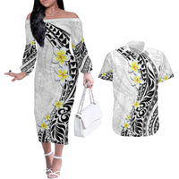 Hawaii Aloha Couples Matching Off The Shoulder Long Sleeve Dress and Hawaiian Shirt Plumeria Vintage - White LT7 White - Polynesian Pride