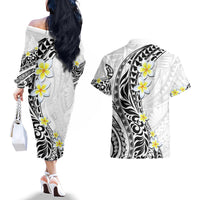 Hawaii Aloha Couples Matching Off The Shoulder Long Sleeve Dress and Hawaiian Shirt Plumeria Vintage - White LT7 - Polynesian Pride