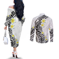 Hawaii Aloha Couples Matching Off The Shoulder Long Sleeve Dress and Long Sleeve Button Shirt Plumeria Vintage - White LT7 - Polynesian Pride