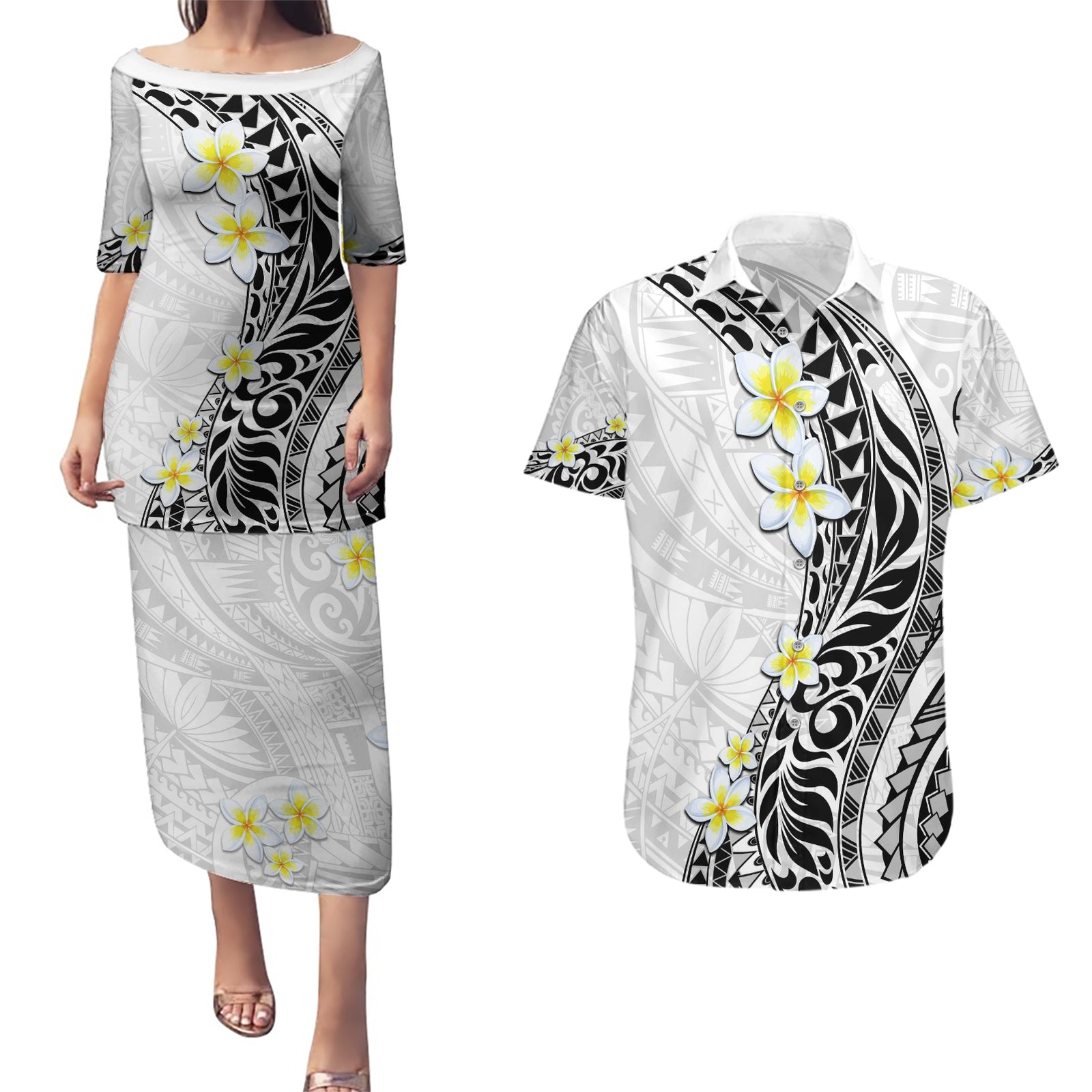 Hawaii Aloha Couples Matching Puletasi Dress and Hawaiian Shirt Plumeria Vintage - White LT7 White - Polynesian Pride