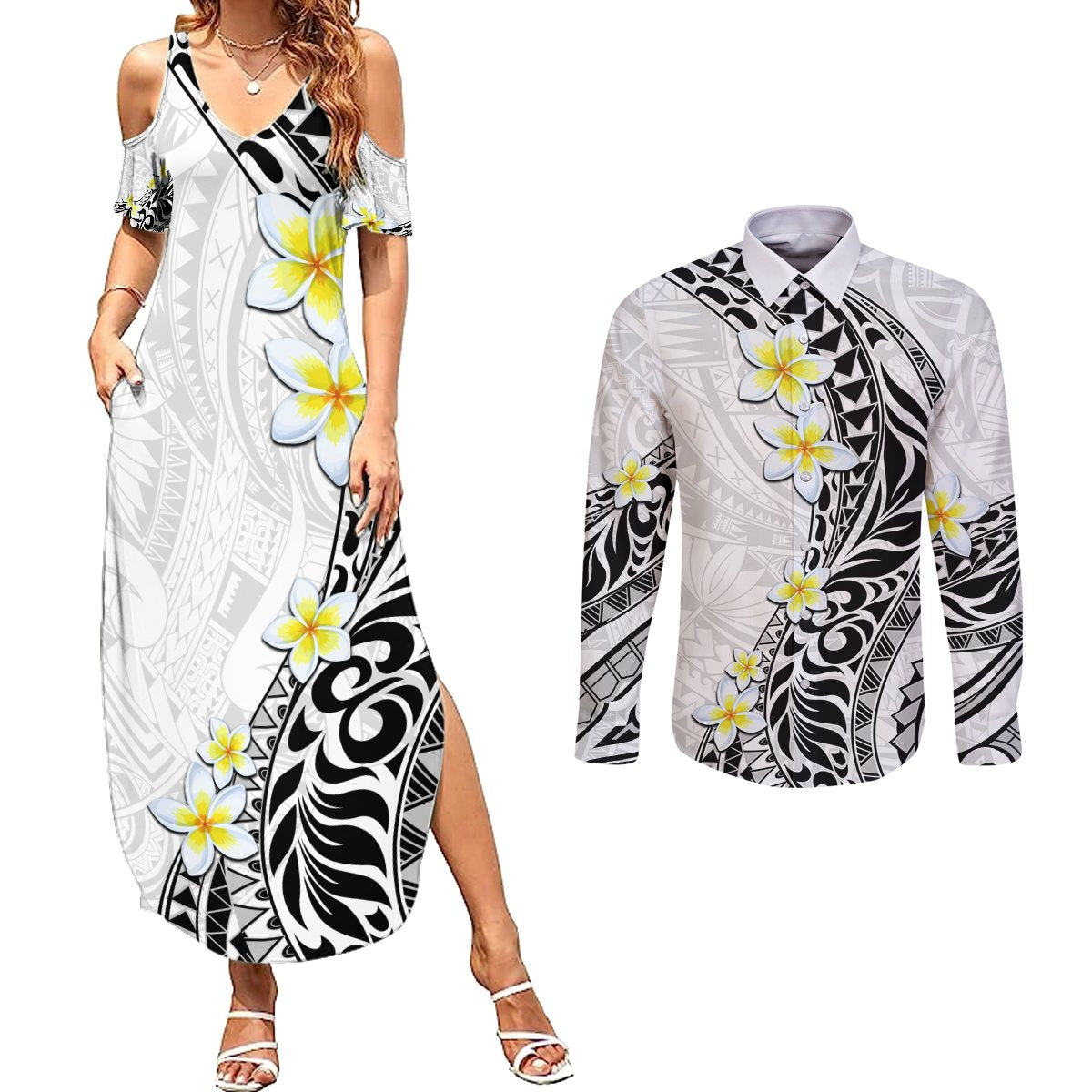 Hawaii Aloha Couples Matching Summer Maxi Dress and Long Sleeve Button Shirt Plumeria Vintage - White LT7 White - Polynesian Pride