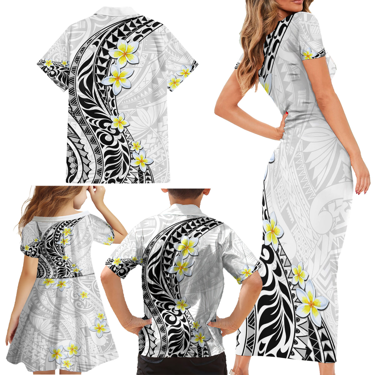 Hawaii Aloha Family Matching Short Sleeve Bodycon Dress and Hawaiian Shirt Plumeria Vintage - White LT7 - Polynesian Pride