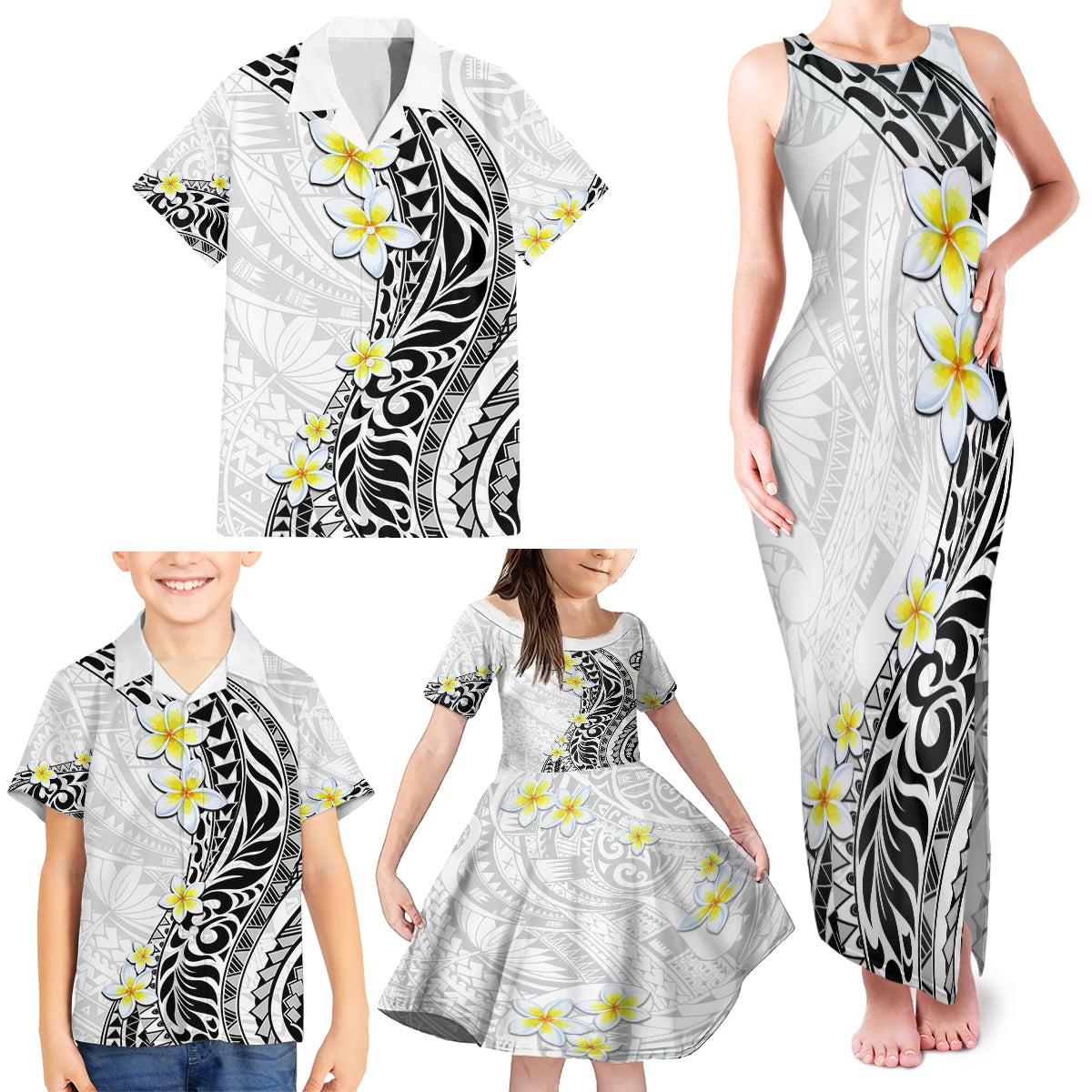 Hawaii Aloha Family Matching Tank Maxi Dress and Hawaiian Shirt Plumeria Vintage - White LT7 - Polynesian Pride