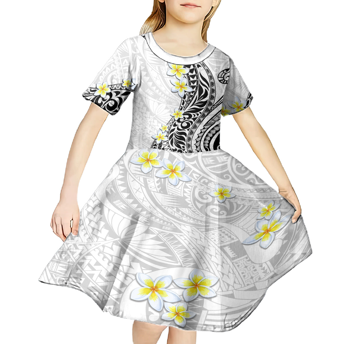 Hawaii Aloha Kid Short Sleeve Dress Plumeria Vintage - White LT7 - Polynesian Pride