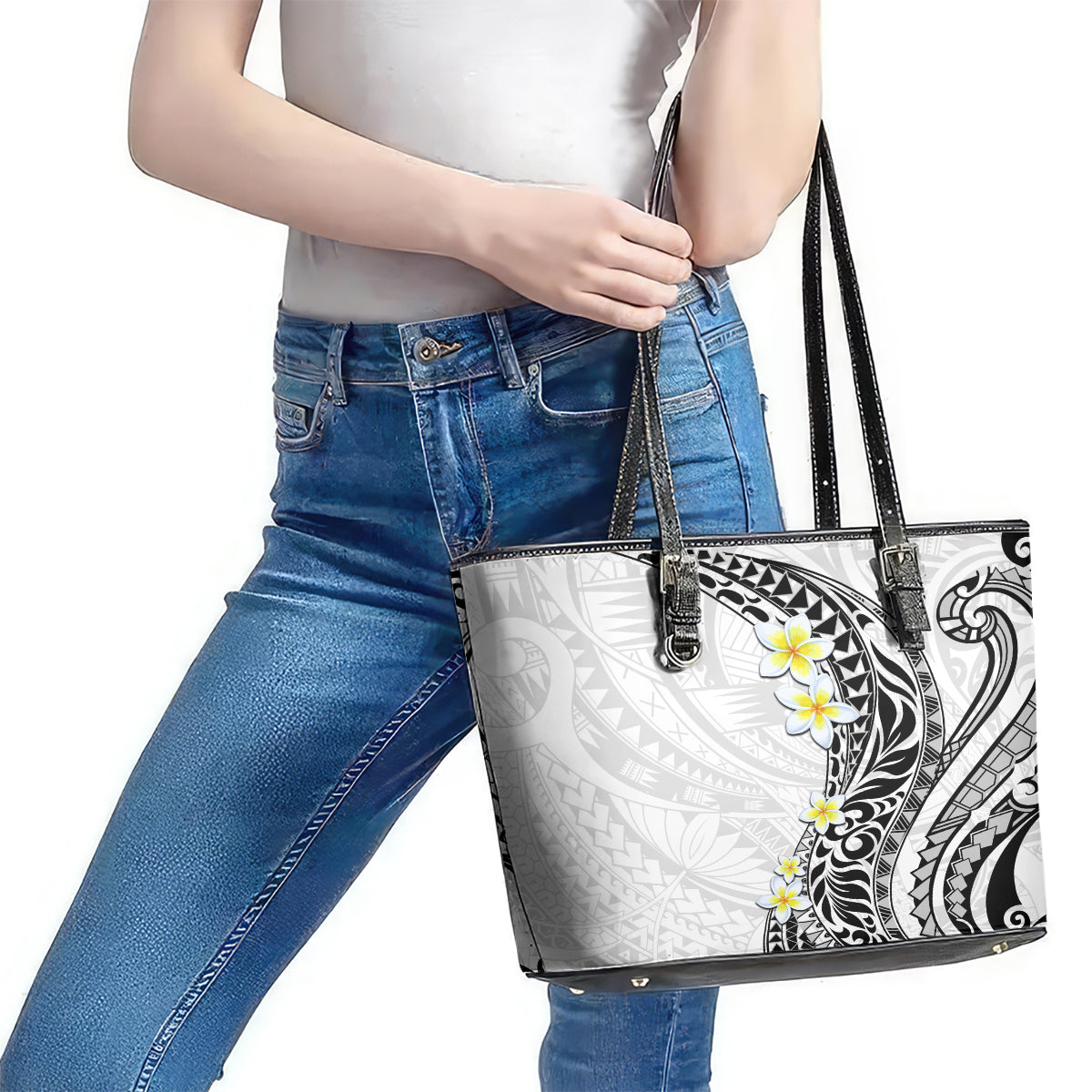Hawaii Aloha Leather Tote Bag Plumeria Vintage - White LT7 - Polynesian Pride