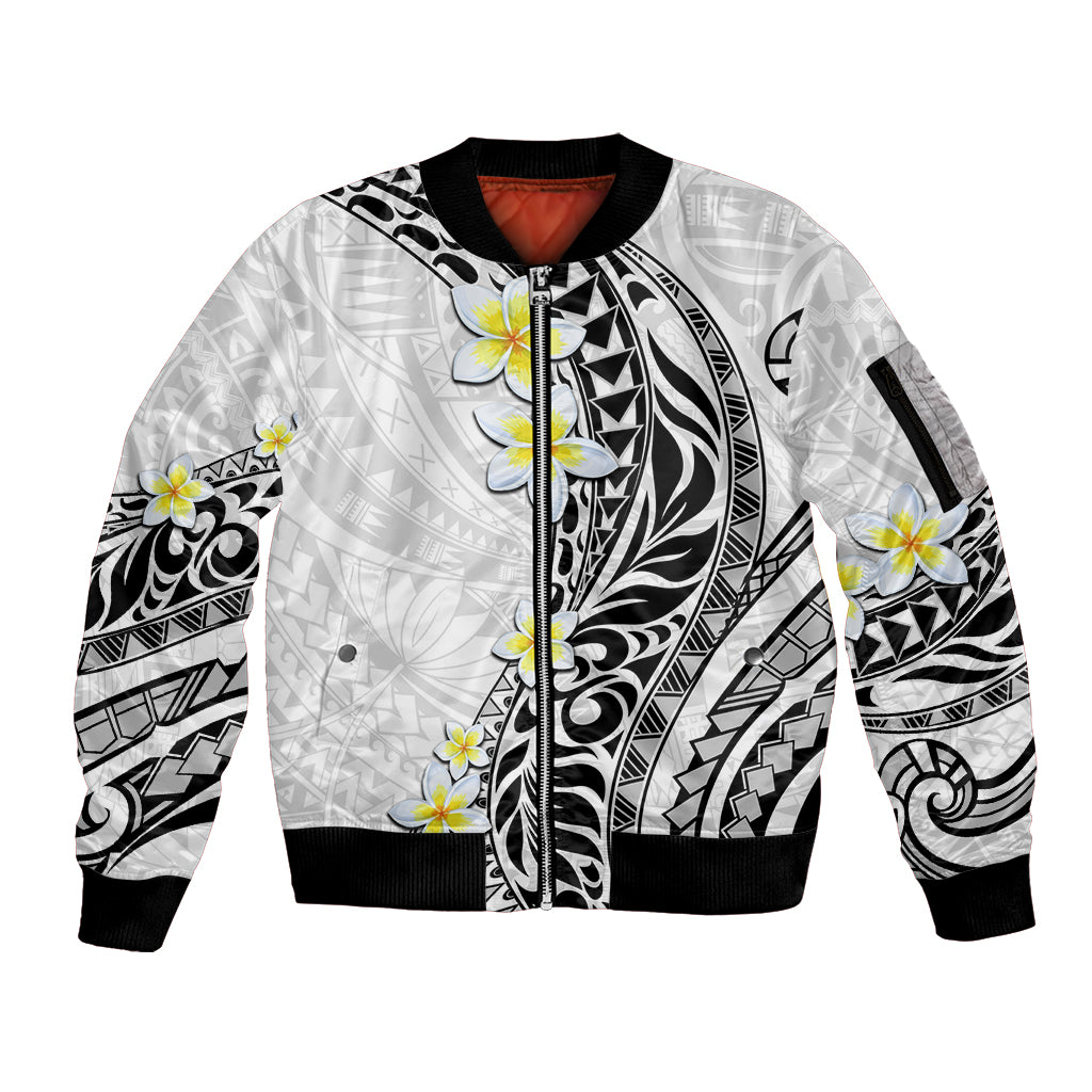 Hawaii Aloha Sleeve Zip Bomber Jacket Plumeria Vintage - White LT7 Unisex White - Polynesian Pride