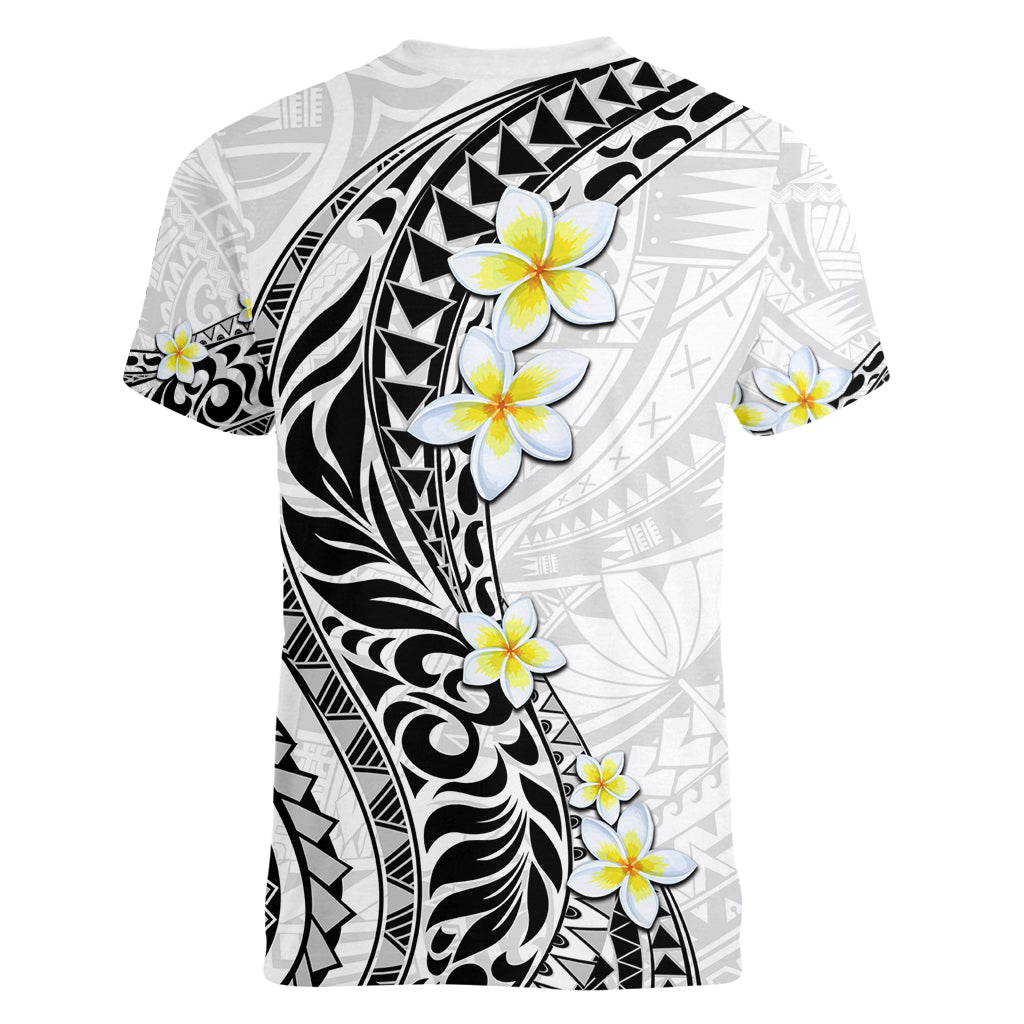 Hawaii Aloha Women V Neck T Shirt Plumeria Vintage - White LT7 - Polynesian Pride