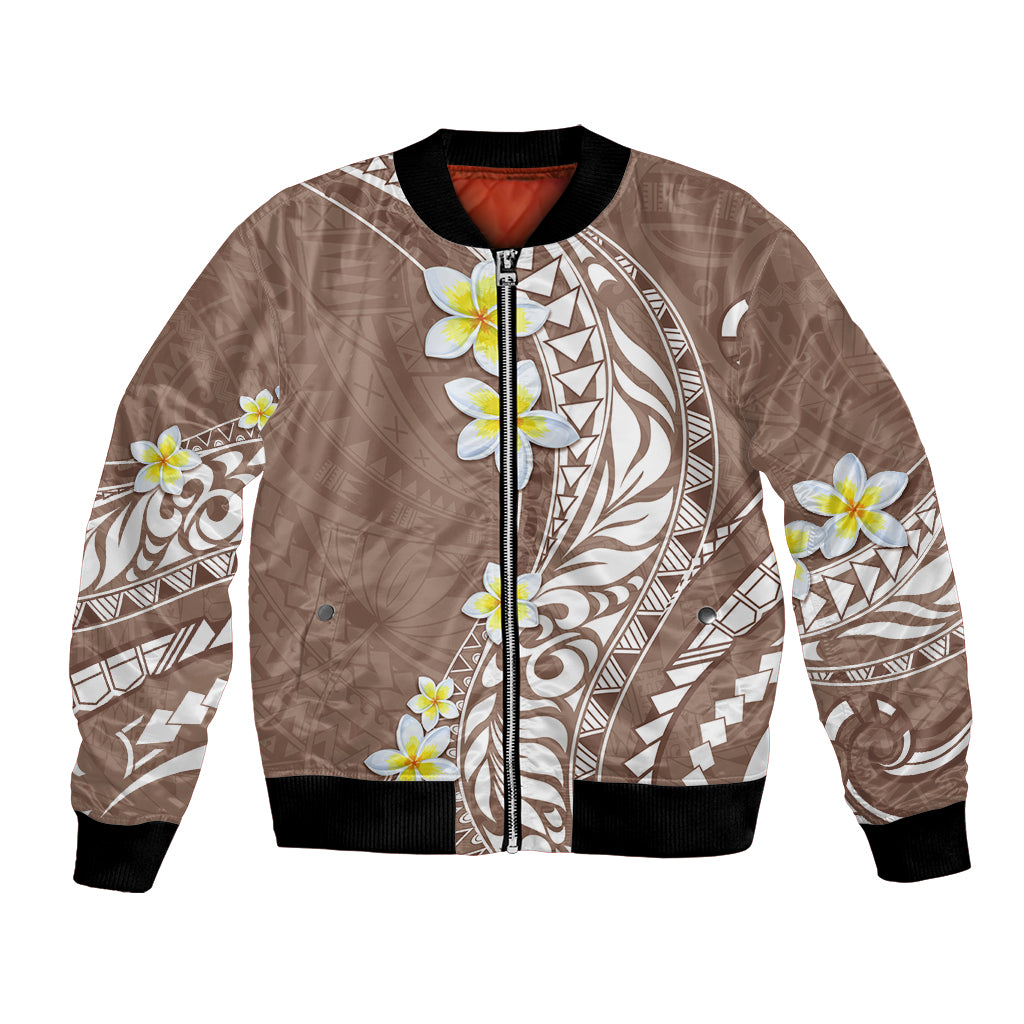 Hawaii Aloha Bomber Jacket Plumeria Vintage - Brown LT7 Unisex Brown - Polynesian Pride