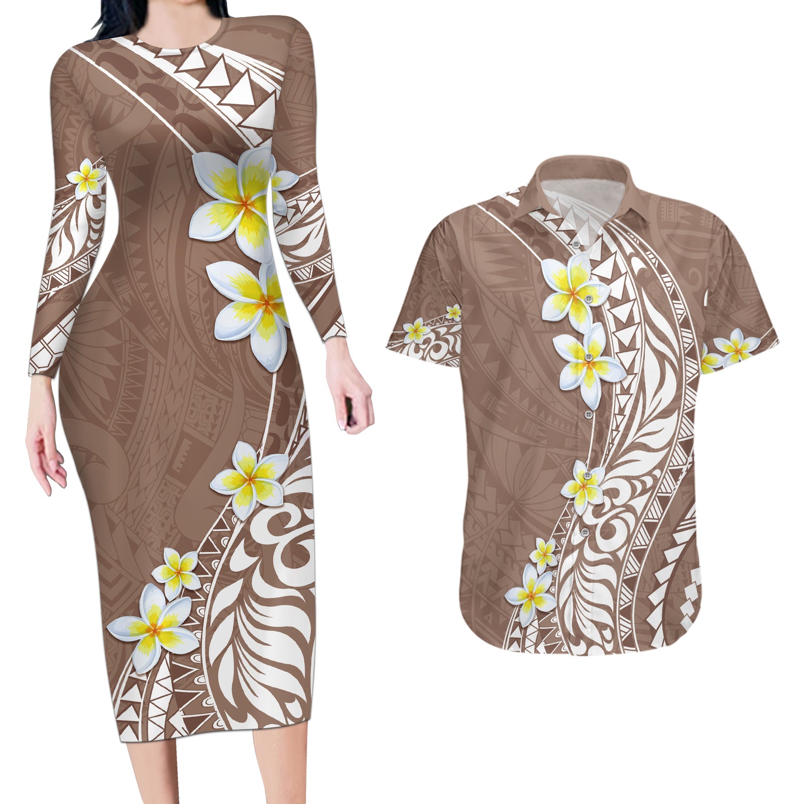 Hawaii Aloha Couples Matching Long Sleeve Bodycon Dress and Hawaiian Shirt Plumeria Vintage - Brown LT7 Brown - Polynesian Pride