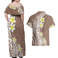 Hawaii Aloha Couples Matching Off Shoulder Maxi Dress and Hawaiian Shirt Plumeria Vintage - Brown LT7 - Polynesian Pride