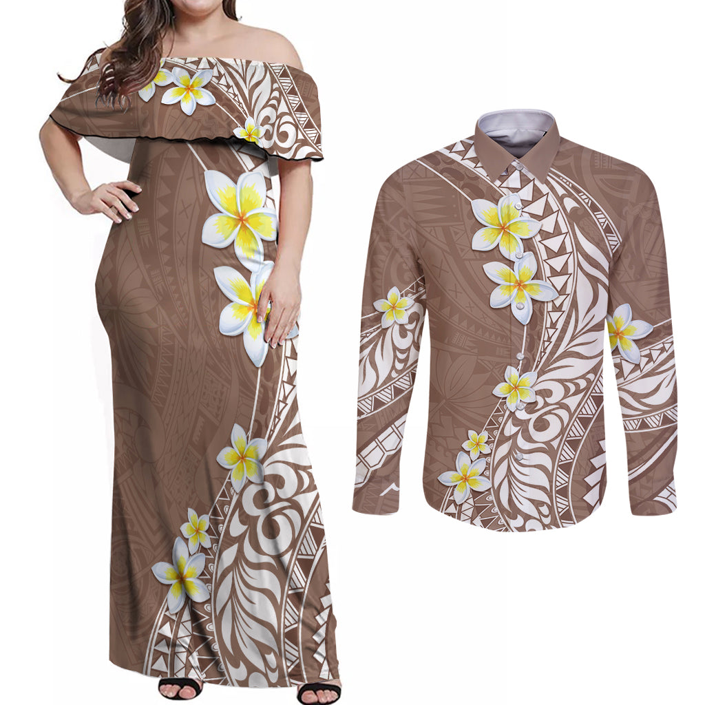 Hawaii Aloha Couples Matching Off Shoulder Maxi Dress and Long Sleeve Button Shirt Plumeria Vintage - Brown LT7 Brown - Polynesian Pride