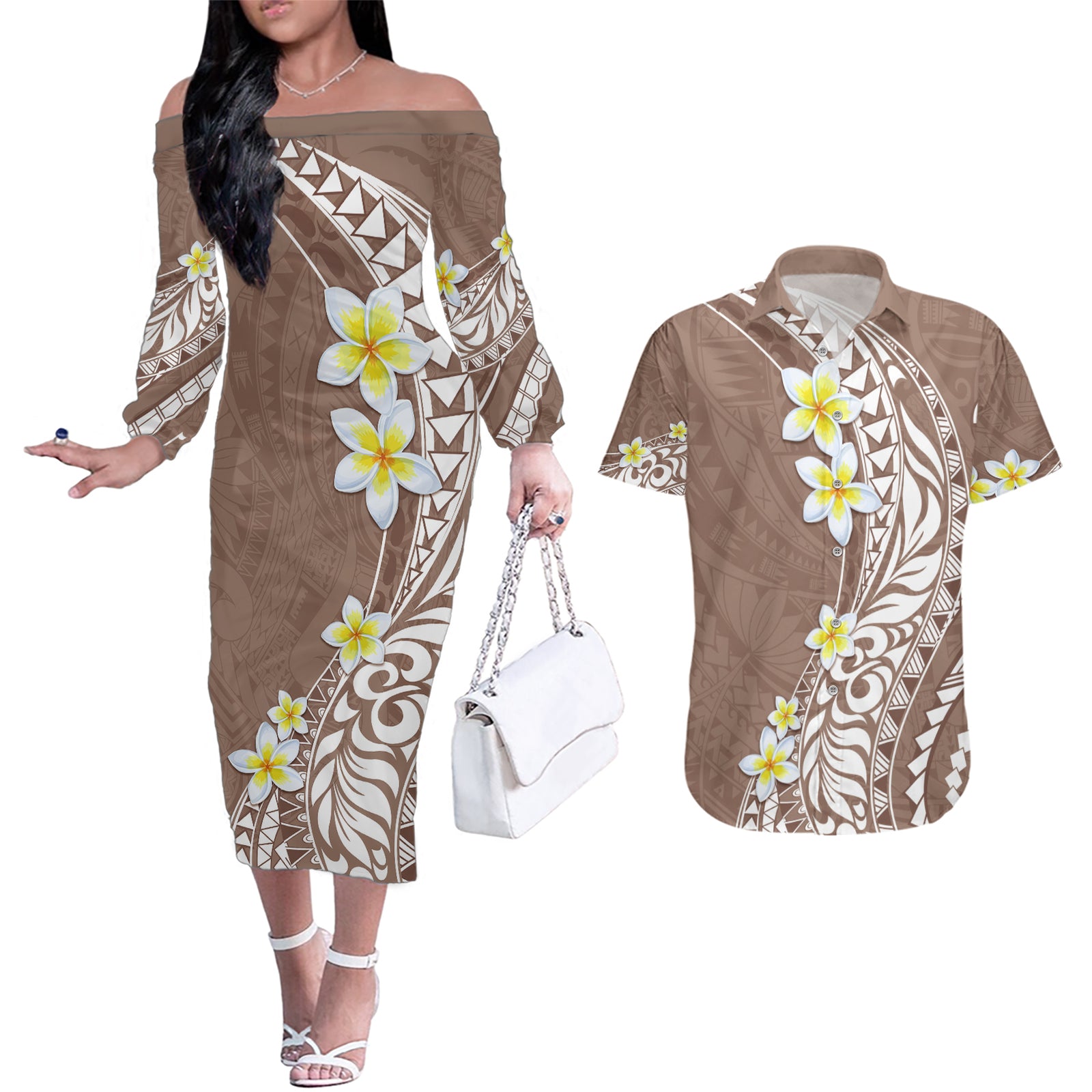 Hawaii Aloha Couples Matching Off The Shoulder Long Sleeve Dress and Hawaiian Shirt Plumeria Vintage - Brown LT7 Brown - Polynesian Pride