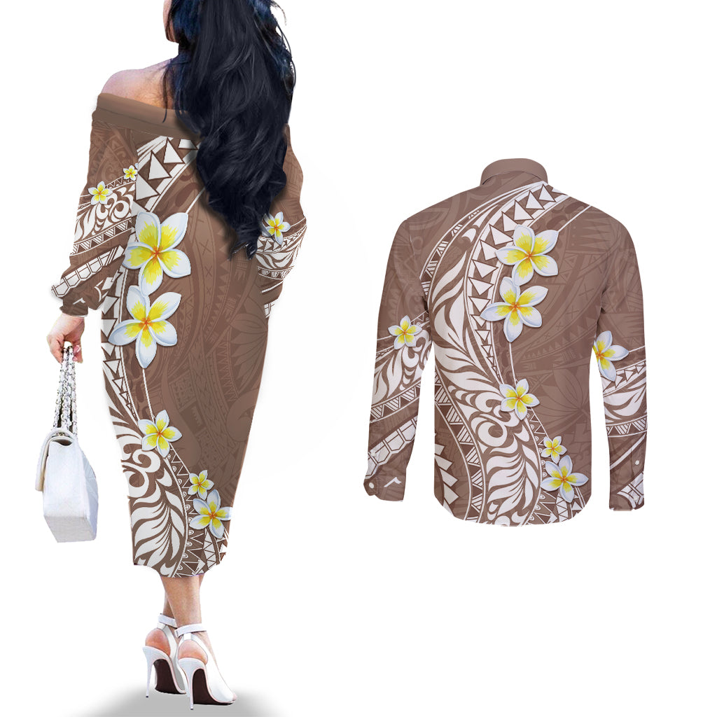 Hawaii Aloha Couples Matching Off The Shoulder Long Sleeve Dress and Long Sleeve Button Shirt Plumeria Vintage - Brown LT7 - Polynesian Pride